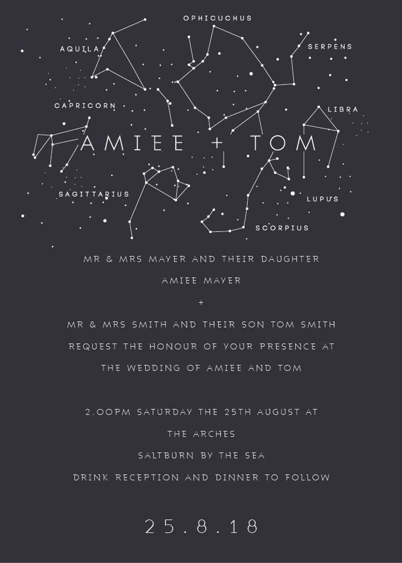 Traditional invite Save the Date Menu with matching envelopes Constellation Wedding Stationery suite RSVP