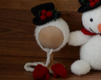 Christmas Felted Newborn Snowman Hat and mittens Set, Snowman outfit baby, Newborn felted Christmas Prop