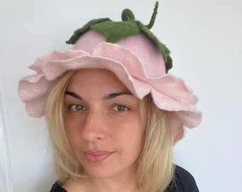 Womens Sauna Hat,  flower Felted Wool Hat, Pixie hat Elf hat, Handcrafted Sauna Hat