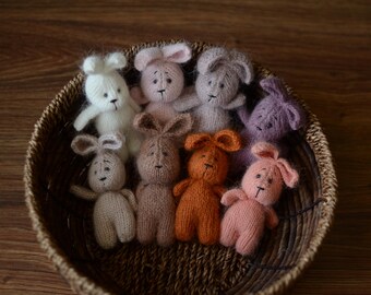 Beige and Pink Knit Bunny, Newborn Photo Prop Toy, Soft Handmade Rabbit Doll for Baby Photography, Neutral Pastel Bunny