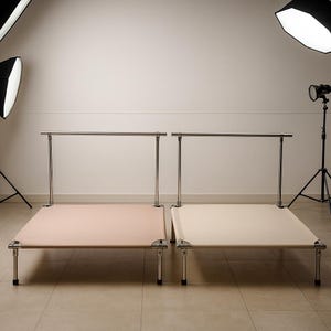 Puede incluir: Dos camas elevadas para mascotas con marcos de metal y superficies de tela beige. Cada cama tiene una barra de acero inoxidable unida al marco. Una cama es de color rosa claro, la otra es de color crema. Las camas están diseñadas para mascotas.