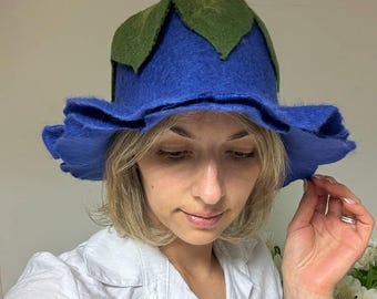 Women flower Sauna Hat, blue flower Felted Wool Hat, Pixie hat, Halloween elf hat, Handcrafted Sauna Hat