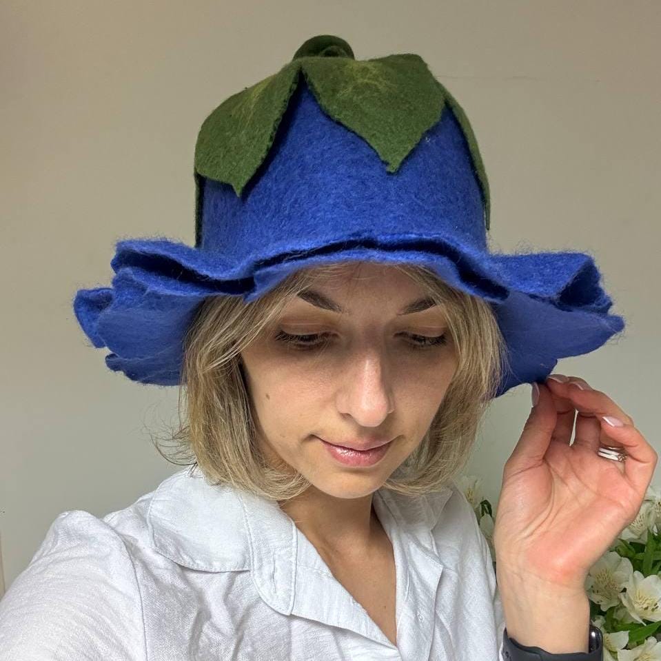 Women Flower Sauna Hat, Blue Flower Felted Wool Hat, Pixie Hat