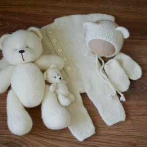 White Newborn Knitted Romper set with Teddy bears and socks, Newborn  Photography Prop, Big Small Teddy Bear Toy for Baby, toy newborn