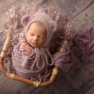 Newborn photo props, dusty rose basket filler, wool felted blanket, sheepskin curly rug