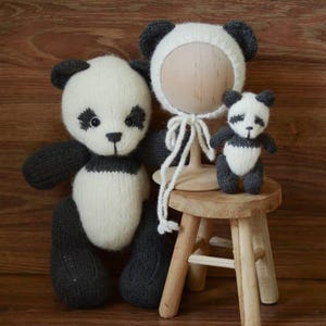 Knit Panda bonnet and toys, Newborn Knitted Panda Photography Props, Newborn Panda Hat, Panda Crochet Toy