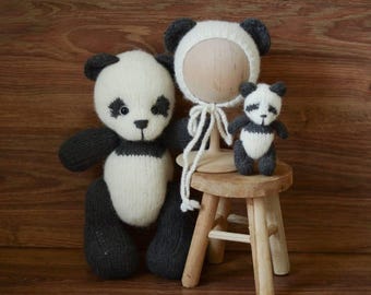 Knit Panda bonnet and toys, Newborn Knitted Panda Photography Props, Newborn Panda Hat, Panda Crochet Toy
