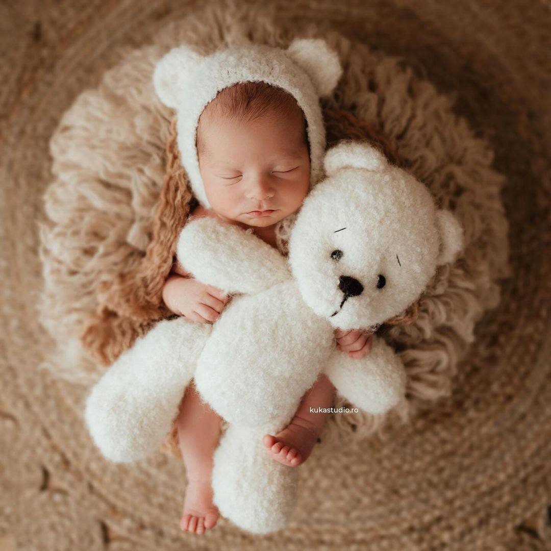 Knitted White Teddy Bear for Newborn Photo Shoot, Gender Party
