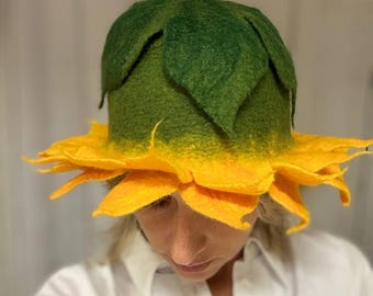 Yellow flower women's wool sauna Hat, Pixie hand felted wool hat, Elf hat, gift for girlfriend