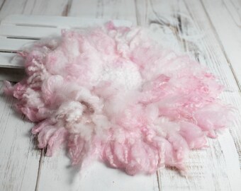 Pink girl Newborn Photo Prop, Felted wool layer, Curly Wool, Felt Blanket, Basket Stuffer, Baby Photography Props,