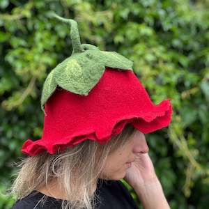 Strawberry Felted Sauna Hat, Halloween Costume Accessory, Elf Pixie Hat, Handmade Wool
