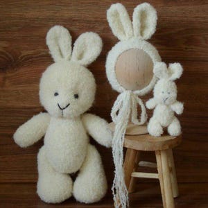 Conjunto de conejito blanco para recién nacido, gorro de conejito de punto de peluche, juguete de conejito para recién nacido, accesorios de fotografía para recién nacidos, accesorios para fotos