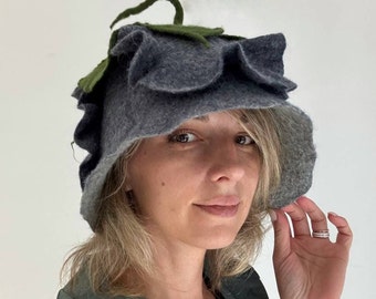 Gray women's sauna hat, Merino Wool hat, flower Felted Wool Hat, Pixie hat Elf hat,