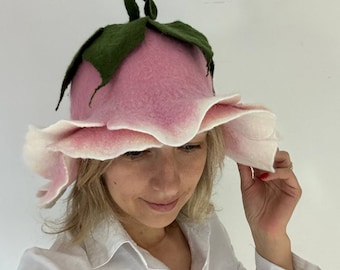 Touca de Sauna de Feltro com Flor Rosa – Touca de Lã Feita à Mão, Acessório de Spa, Lindo Presente de Natal para Ela
