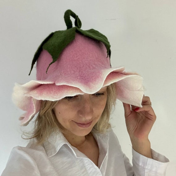 Felt Sauna Hat Pink Flower – Handmade Wool Hat, Spa Accessory, Cute Christmas Gift for Her