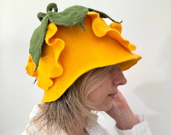 Yellow flower women's wool sauna Hat, tulip Pixie hand felted wool hat, Elf hat, gift for girlfriend