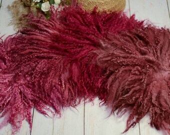 Newborn curly wool  hand felted rug, Merino Wool Newborn photography prop, red shades