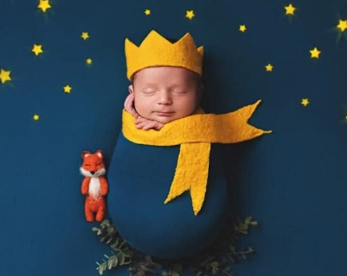 Little prince newborn photo props, baby crown, fox felted toy, scarf