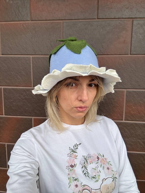Blue Flower Sauna Hat for Women, Handmade Felt Hat With White - Main Image