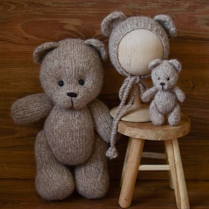 Beige Newborn Knit Teddy Bear Outfit with Toy, Newborn Photography Props Set, Knitted angora bear bonnet, Newborn Photo Props