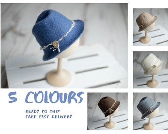 Felted newborn hat, baby wool photo props, cute Fedora hat for infant boy