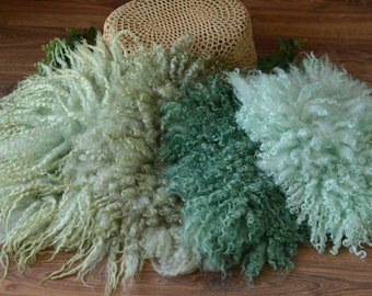 Green newborn Photo prop blanket, felted basket stuffer, fluffy flokati round, baby photography wraps, curly wool layer