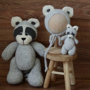Waschbär Neugeborenen Fotografie Requisiten Set, Grau Neugeborene Strick Waschbär Outfit mit Spielzeug, Baby Waschbär häkeln Spielzeug, Neugeborene Waschbär Mütze