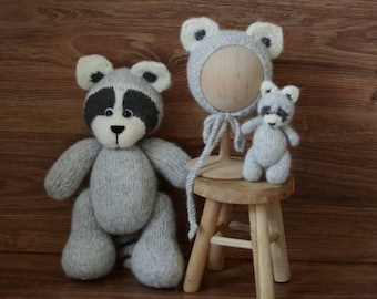 Ensemble d'accessoires de photographie pour nouveau-né raton laveur, tenue de raton laveur en tricot gris pour nouveau-né avec jouet, jouet au crochet pour bébé raton laveur, chapeau pour nouveau-né raton laveur