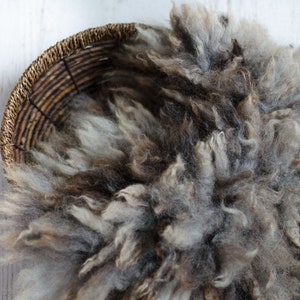 Puede incluir: Una cesta de mimbre marr&oacute;n llena de una alfombra de piel de oveja gris y marr&oacute;n esponjosa. La alfombra es perfecta para accesorios de fotograf&iacute;a de reci&eacute;n nacidos.