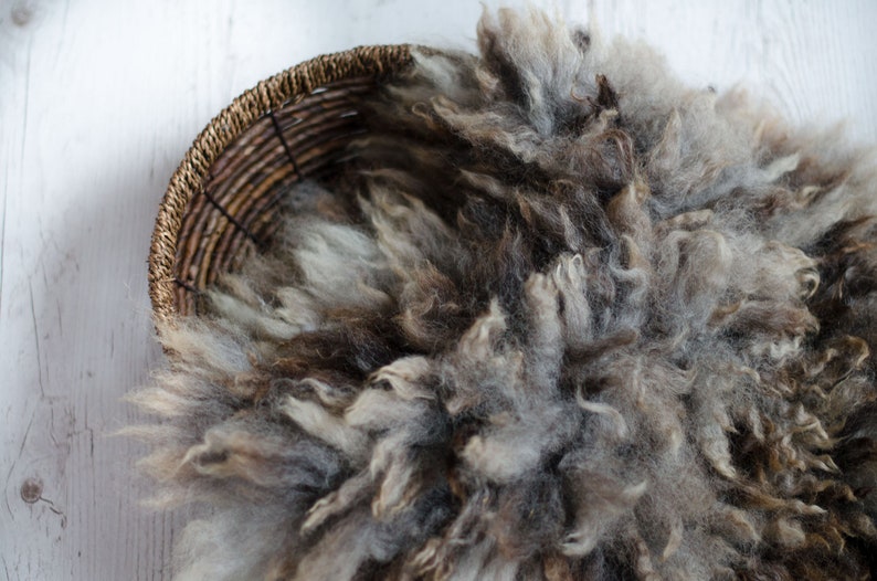Puede incluir: Una cesta de mimbre marr&oacute;n llena de una alfombra de piel de oveja gris y marr&oacute;n esponjosa. La alfombra es perfecta para accesorios de fotograf&iacute;a de reci&eacute;n nacidos.