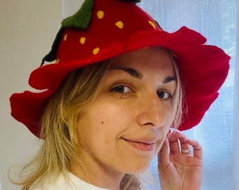 Strawberry hand felted women's wool sauna Hat, flower hand felted wool hat, Pixie hat, Elf hat, mother's day gift
