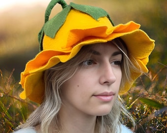 Wool Flower sauna Hat, Elf's hand-felted wool hat, Handmade merino wool felted hat
