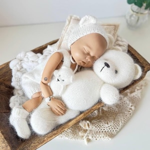 White Newborn Teddy Bear, Photo Prop Set, Merino Wool Knit Bear Bonnet Hat, Soft Newborn Photography Toy