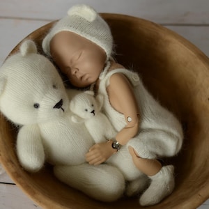 Newborn Photo Prop Set – Teddy Bear, Merino Wool Bear Bonnet & Romper, Ivory Baby Photography Toy