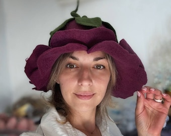 Purple Tulip flower sauna gat for women, Felted Wool Hat, Pixie hat,  festival flower hat, spa accessories