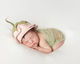 Felted Newborn Hat, Cute Baby Photo Props, Infant Flower Bonnet