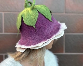 Gorro de sauna de lana morada con flores, gorro de lana de fieltro hecho a mano de elfo, gorro de fieltro de lana merino hecho a mano
