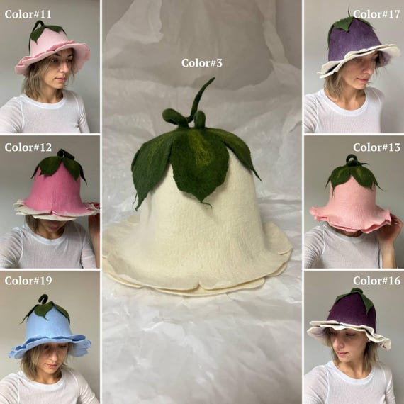 Tulip Women's Wool Sauna Hat, Flower Hand Felted Wool Hat, Pixie