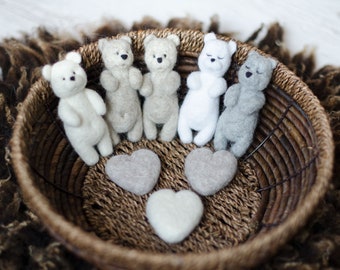 Felted Bear toy, newborn photo props, white teddy bear stuffed toy, wool soft animal