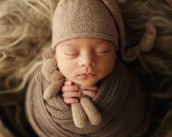 Newborn Photography Knit Hat & Wrap Set, Merino Wool Baby Photo Prop, Bonnet and  Blanket Outfit