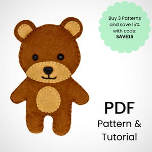 Bear sewing pattern/Bear template/Plush toy sewing tutorial/Felt Woodland Animals/Felt ornament/Animal mobile toy doll/Felt pattern PDF/Bear