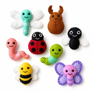May include: A collection of eight felt insect and creature ornaments featuring a teal dragonfly, brown beetle, black fly, pink worm, red ladybug, green caterpillar, yellow bee, and purple butterfly, all with stitched details and black eyes.