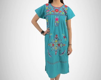 Women's Mexican Dress Puebla Teal Green w/ Multicolored Embroidery