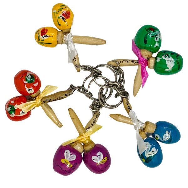 Set of 5 Mexican Wooden Maraca Keychains | Assorted Colors and Designs | Handcrafted Key Accessories