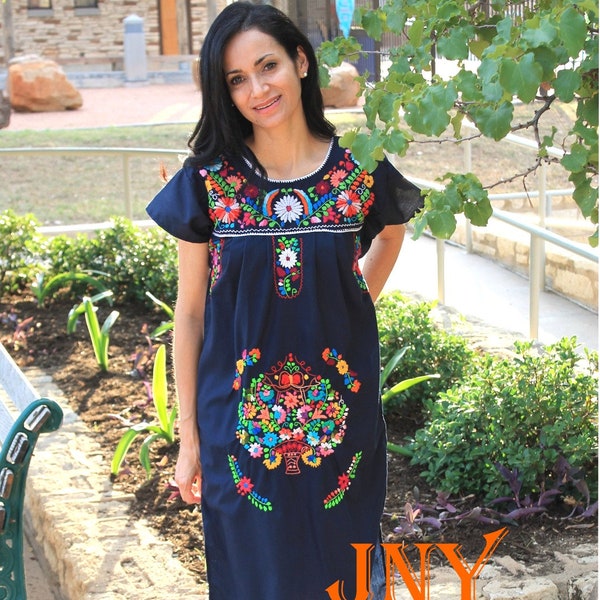 Mexican Dress Puebla Navy Blue with Multi Colored Embroidery