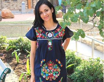 Mexican Dress Puebla Navy Blue with Multi Colored Embroidery