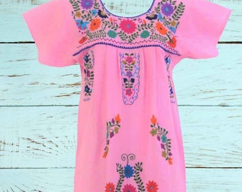 Mexican Dress Puebla Soft Pink w/ Multicolored Embroidery