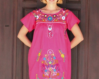 Mexican Dress Puebla Hot Pink w/ Multicolored Embroidery