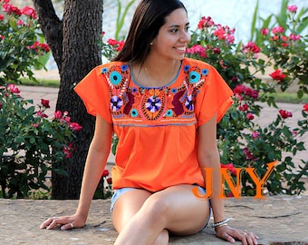 Mexican Puebla Blouse Floral Hand Embroidered Design- Orange with Multi