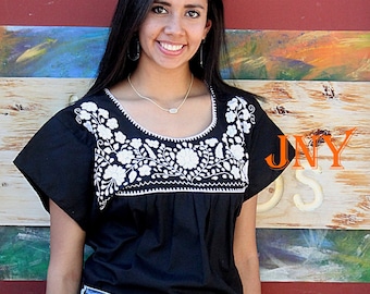 Mexican Puebla Blouse Floral Hand Embroidered Design- Black w/ White Embroidery